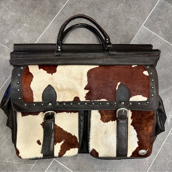 American West duffel travel bag western leather cowhide brown large - Picture 10 of 11